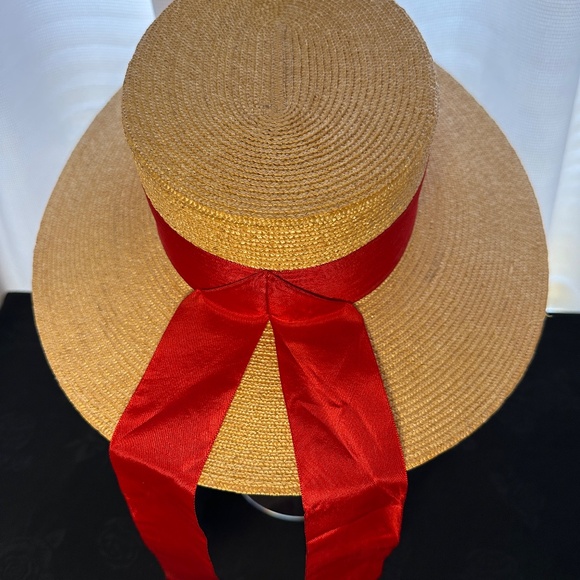 VINTAGE 1960s G. Colpo Women's Wide Brim Straw Hat w/ Red Ribbon Band - Italy - Picture 2 of 8